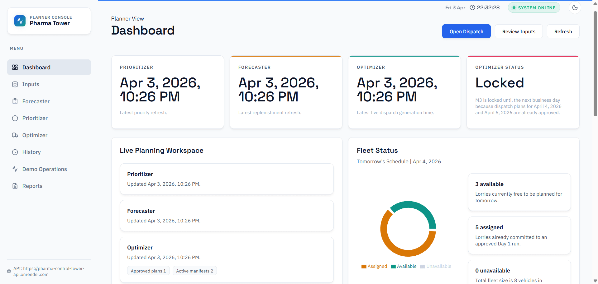 Pharma Availability Control Tower dashboard showing planning stages and fleet status